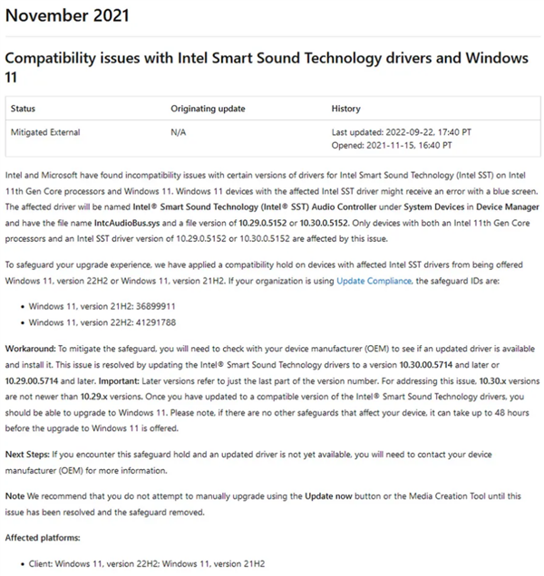 微软承认Win11存在Intel驱动兼容问题将会导致蓝屏、死机等